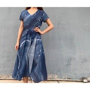 Blue Marbling Print Short Sleeve V Neck Pleated Midi Dress Flowy Lightweight